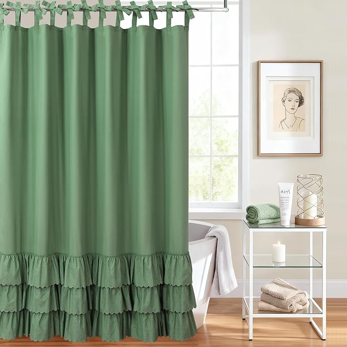 Adjustable Bow-Tie Top Green Ruffle Shower Curtain for Girls Women, Delicate Fabric Shower Curtain with Handcrafted Ruffles and Small Holes, Waterproof Ruched Farmhouse Bathroom Curtain, 72"W x 72"H
