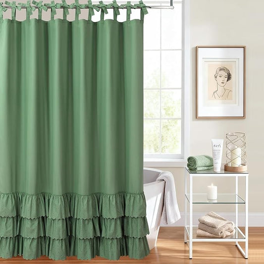 Adjustable Bow-Tie Top Green Ruffle Shower Curtain for Girls Women, Delicate Fabric Shower Curtain with Handcrafted Ruffles and Small Holes, Waterproof Ruched Farmhouse Bathroom Curtain, 72"W x 72"H