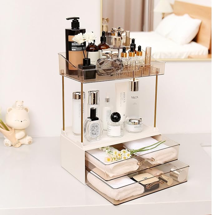 Elegant 2-Tier 2-Drawer Bathroom Countertop Organizer, Multi-Purpose Makeup & Skincare Organizer, Champagne Gold