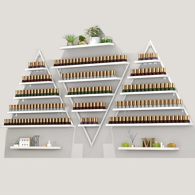 Wall-Mounted Nail Polish Rack, Set of 6 Triangular White Nail Polish Shelf Lipstick Perfume Cosmetic Display Shelf for Home Spa Nail Salon Shop