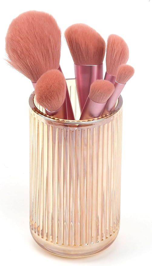 Crystal Glass Makeup Brush Holder, Vintage Striped Design, Thickened Glass Organizer Cup, 7.2cm x 13cm, Clear Amber