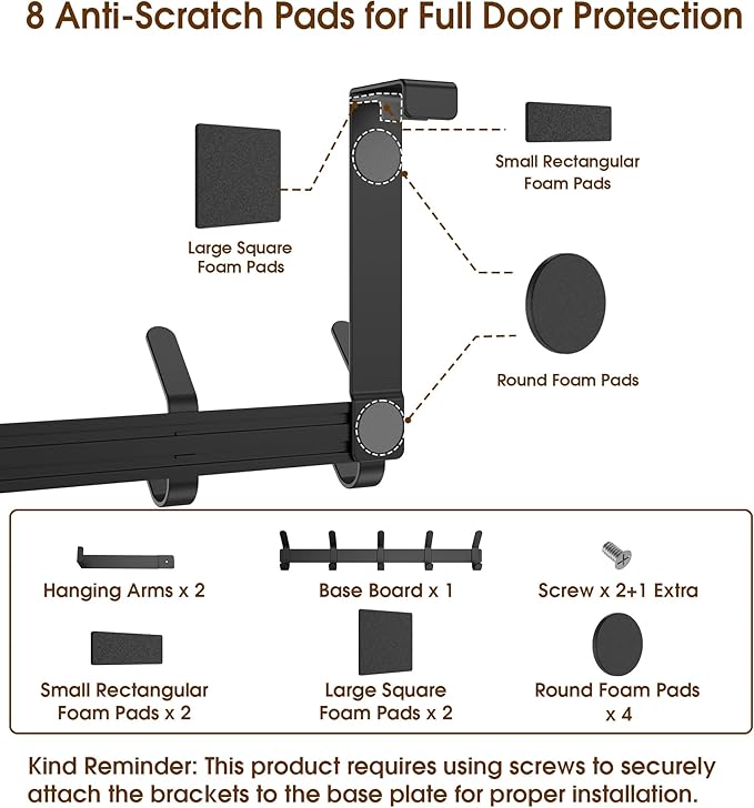 Over The Door Hooks Hanger with 7" Arms for Hanging Heavy Coats, Towel, J7U, Perfectly Fits US Standard 1 3/4-inch Doors, Towel Rack Bathroom Organizer Holder, Rustproof, Black