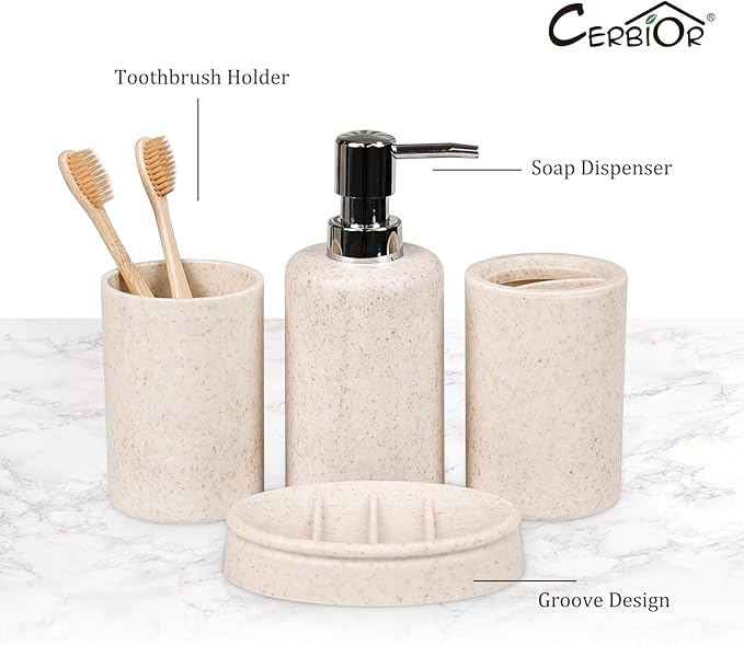 CERBIOR Bathroom Accessories Set 6 Piece Wheat Straw Bath Ensemble Includes Soap Dispenser, Toothbrush Holder, Toothbrush Cup, Soap Dish for Decorative Countertop and Housewarming Gift (Beige)