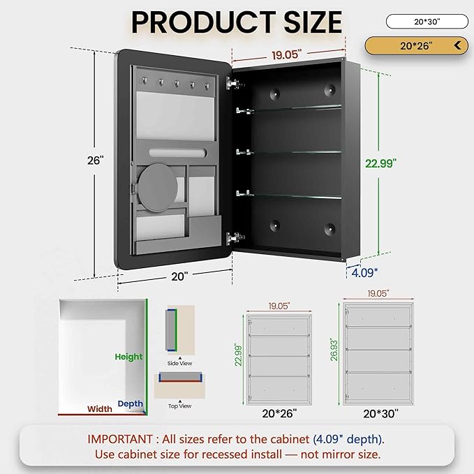 Medicine Cabinet with Mirror, 20x26 Inch Aluminum Bathroom Cabinet with Adjustable Glass Shelves, Built-in Makeup Storage, Recessed or Surface Mount, Soft Close Hinges, Matte Black