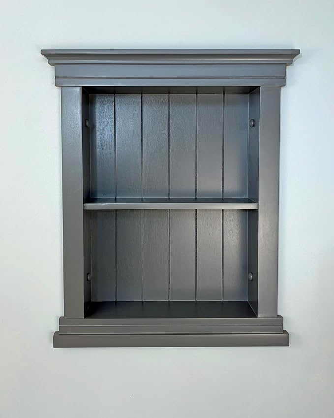 Fox Hollow Furnishings 14x18 Elliot Craftsman Recessed Wood Wall Niche, Open Medicine Cabinet Replacement, in Wall Bathroom Cabinet Insert Shelves, Made in North America, NO MDF, Beadboard, Dark Gray
