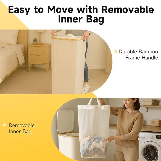 100L Foldable Laundry Basket with Lid, Dirty Clothes Hamper for Dormitories and Gyms | Laundry Hamper with Removable Bag, Beige