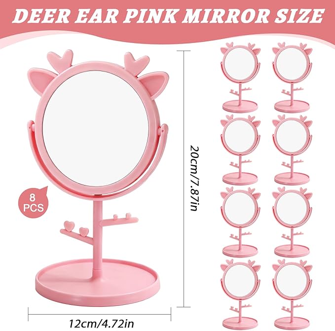 8 Pcs Spa Party Mirror with Deer Ear Decoration Sleepover Party Supplies for Girls Slumber Parties Supplies Mirror Bulk for Sleepover Slumber Birthday Pink Favors Gift (Pink)