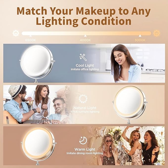 8.5" Lighted Makeup Mirror, 3000 mAh Rechargeable Double Sided Magnifying Vanity Mirror with 3 Colors, 1x/10x Magnifying, Brightness Adjustable Magnification Cosmetic Light up Mirror, Women Gift