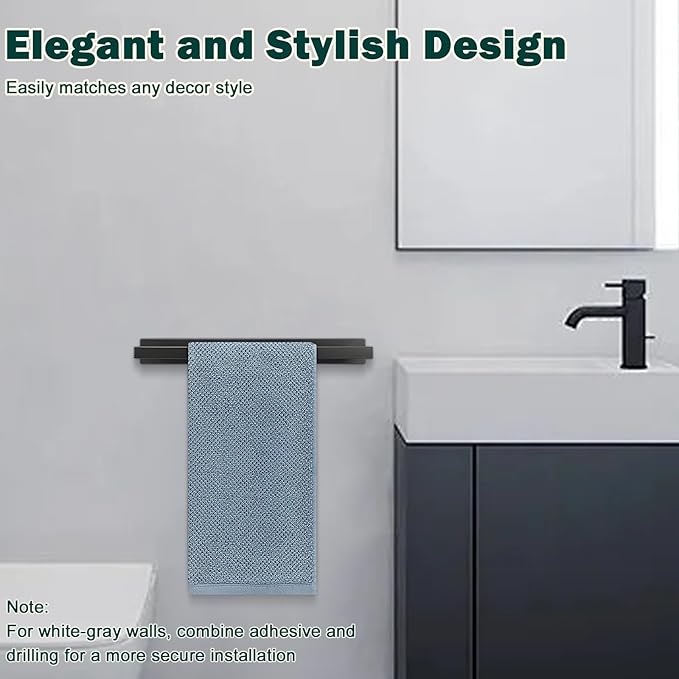 Self Adhesive Towel Bar, 16 Inch Square Towel Racks for Bathroom Wall Mounted SUS304 Stainless Steel Towel Hanger for Kitchen, No Drill or Screw-Mounted Towel Holder (Matte Black)