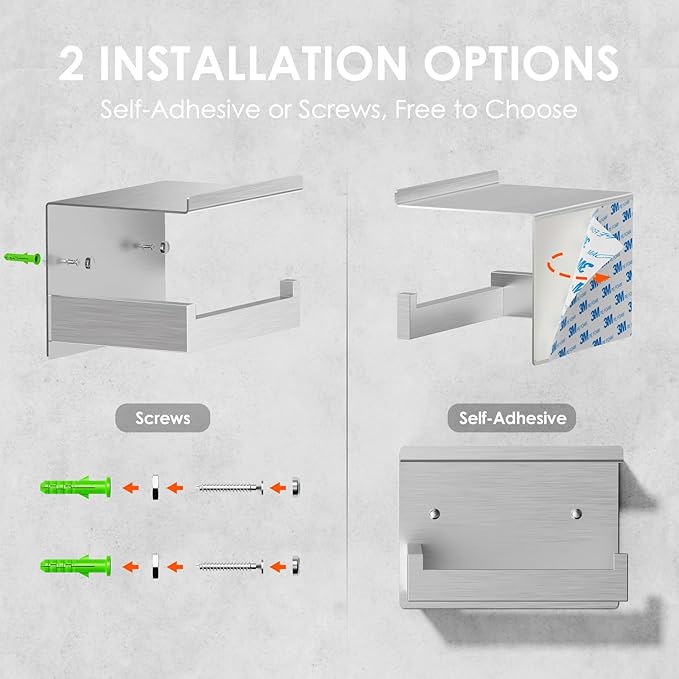 Auxmir No Drilling Self Adhesive Toilet Paper Holder, Premium Rustproof SUS304 Stainless Steel Roll Holder Wall Mount Tissue Holder for Bathroom Kitchen Washroom, Toilet Paper Holder with Shelf-Silver