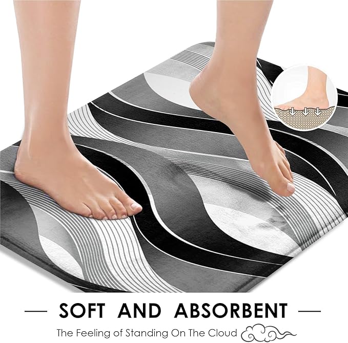 Grey Black Wavy Line Shower Curtain Set with Toilet Lid Cover and Non-Slip Rugs for Bathroom, Abstract Stripes 4 Pcs Shower Curtain, Modern Geometric Bathroom Set with 12 Hooks