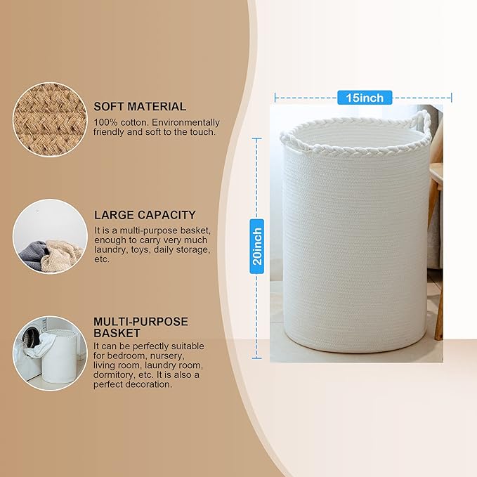 58L Woven Laundry Basket,Cotton Tall Laundry Hamper for Blankets,Clothes,Pillows,Toys,Shoes Large Laundry Bin White