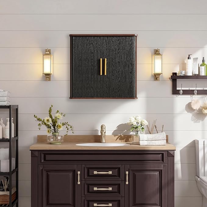 Furnaza Laundry Room Wall Cabinet with Fluted Sliding Door, 29.5" W Bathroom Medicine Cabinet with Adjustable Shelf, Wall Mounted Storage Cabinet for Living Room Kitchen, 11.7" D x 29.5" W x 27.68" H