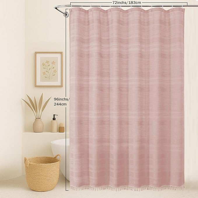 OVZME Extra Long Pink Shower Curtain 96 Inch Long, Boho Linen Textured Soft Fabric Heavy Duty Cloth Bathroom Shower Curtain with Tassel, Tall Farmhouse Luxury Bath Decor, 72Wx96L Inches