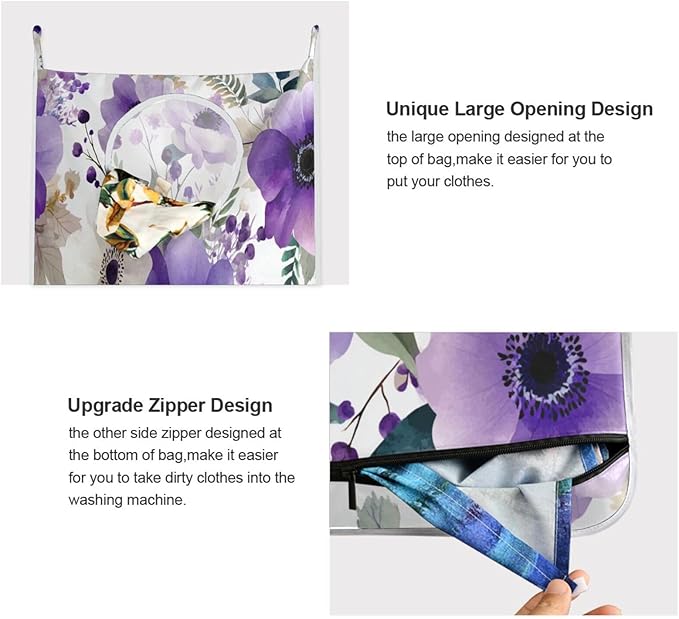 Purple and White Silver Lotus Flowers and Berries Hanging Laundry Hamper Door Hampers Bag Basket with Stainless Steel Hooks Oxford Fabric Printing Decorative Clothes Bags 29.5X20inch 1Pack