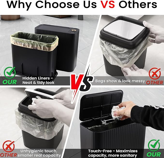 XLHOMO Black and Gold Bathroom Accessories Set - 9 Piece Complete Organization Kit with Slim Pop-up Trash Can, Toilet Brush, Lotion Dispensers, Jars & Soap Dish - Modern Matte Stripe Bathroom Decor