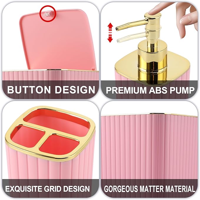 XLHOMO Bathroom Set with Shower Curtain and Rugs- 25PC Bathroom Accessory Set, Pink Bathroom Set, Toilet Brush, Trash Can, Qtip Holder & Soap Dispenser