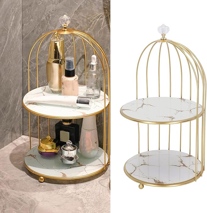 Double Layer Storage Shelf Bird Cage Organizer Display Rack for Bathroom Countertop Dressing Table Gold Frame (White Base Gold Pattern)