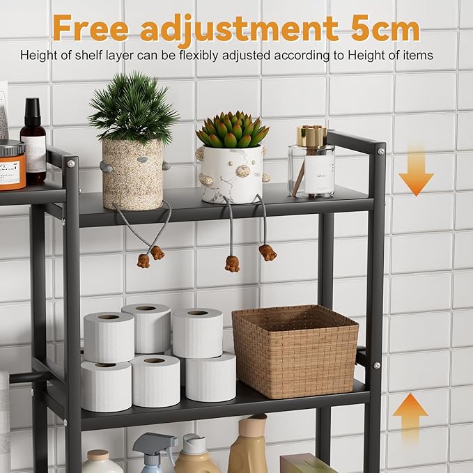 Bathroom Shelf, Over The Toilet Storage with 3-Tier Bathroom Shelves, Adjustable Height & Heavy-Duty Steel Frame Over Toilet Storage (Black)