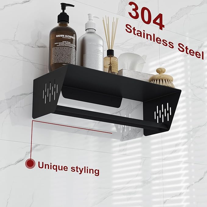 Qeke Bathroom Lavatory Towel Rack, Wall Mount Towel Holder Towel Hanger Shelf with Towel Bar, SUS 304 Stainless Steel Towel Rack for Bathroom and Lavatory, Matte Black, 14 Inch