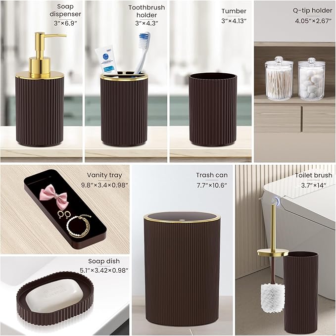 Brown Bathroom Accessories Set, 10PC Bathroom Set, Bath Accessory with Pop Up Trash Can, Soap Dispenser, Toilet Brush, Toothbrush Set Qtip Holders & Tray