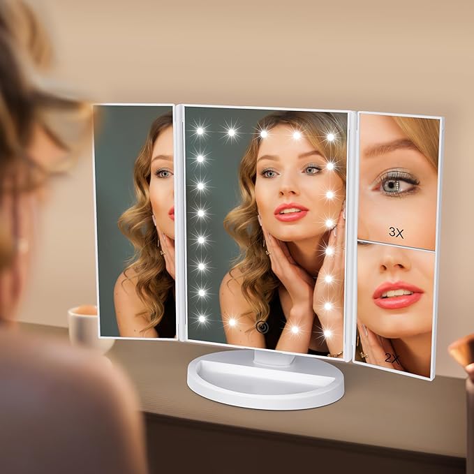 WEILY Makeup Vanity Mirror with 21 LED Lights and Touch Screen, Tri-Fold 1x 2X 3X Magnification,180° Adjustable Rotationand USB Powered,Countertop Cosmetic Makeup Mirror (White)