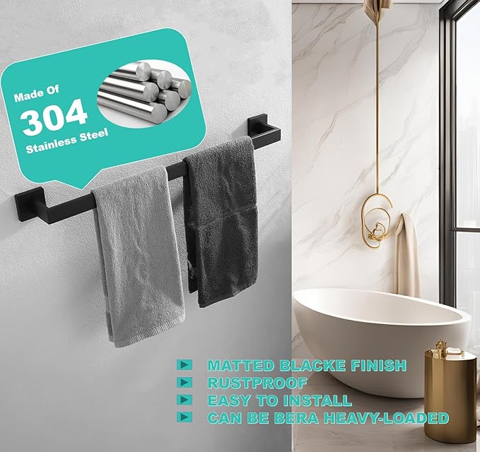 24 Inch Towel Bar 2 Pack for Bathroom 12/16/24/28/32/36 Inch Kitchen Towel Holder Matte Black Towel Rod Wall Mounted SUS304 Rustproof Towel Rack Modern Square Design (2, Matte Black, 24 Inch)
