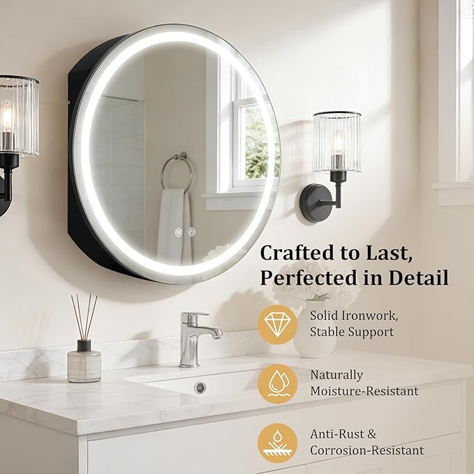 WallBeyond 24 in Round LED Medicine Cabinet with Mirror, Black Bathroom Cabinet with Storage, 3 Color Stepless Dimmable Lights, Anti-Fog, Memory Function, Hardwired, Surface Mount