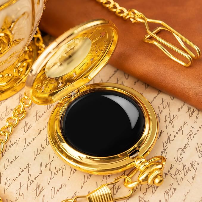 ManChDa Scrying Mirror Black Obsidian Mirror Lucky Dragon & Phoenix Pocket Watch Shell Witchcraft Kit Wiccan Supplies and Tools Witchy Gifts, Gold