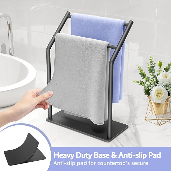 Gypie Hand Towel Holder Stand for Bathroom -Heavy Duty 304 Stainless Steel Ideal Countertop Hand Towel Rack with Silicone Pad, Black