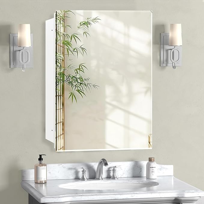 20x20 Inch Medicine Cabinet, Square Beveled Frameless Mirror, Adjustable Shelves, Already Assembly, Recess or Surface Mount Installation for Bathroom Toilet