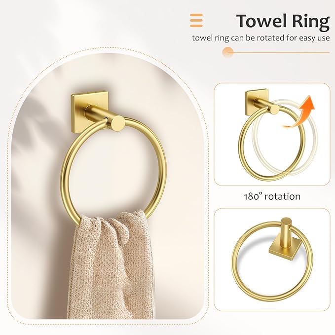 5 Pieces Brushed Gold Bathroom Hardware Set Towel Bar Set Stainless Steel Wall-Mounted Bathroom Accessories Set 23.6 Inch Towel Racks for Bathroom