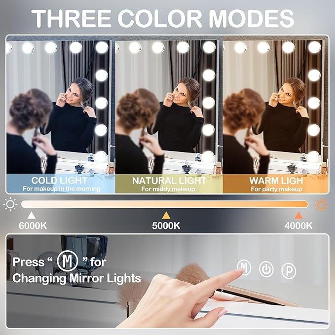 Gvnkvn Vanity Mirror with Lights, 32WX24LTabletop Hollyhood Makeup Mirror, Hollywood Lighted Mirror with 24 Dimmable LED Bulbs,USB & Type-C Charging,Touch Control,Metal Frame,Black