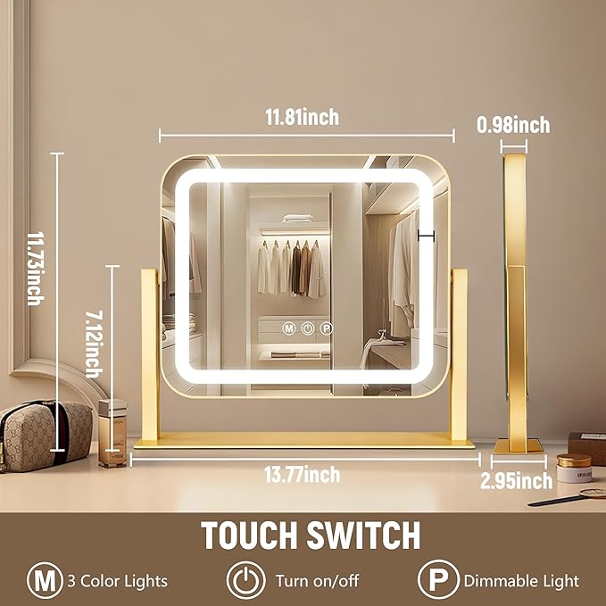 Ratsamee Gold Vanity Mirror with Lights 14"×12", Led Makeup Mirror, Lighted Makeup Mirror with 3 Color Dimmable Lights, Smart Touch Screen Control, 360°Rotation