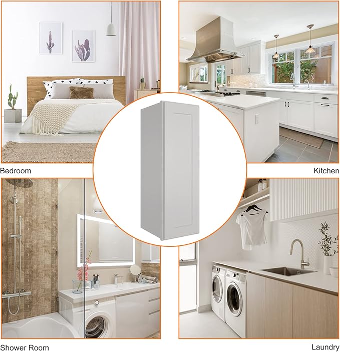 ROOMTEC (Light Gray Wood Wall Cabinet, RTA Single Door Medicine Cabinet with Adjustable Shelves and Soft-Close Door for Kitchen, Bathroom, and Laundry. 12" D*12" W*36" H