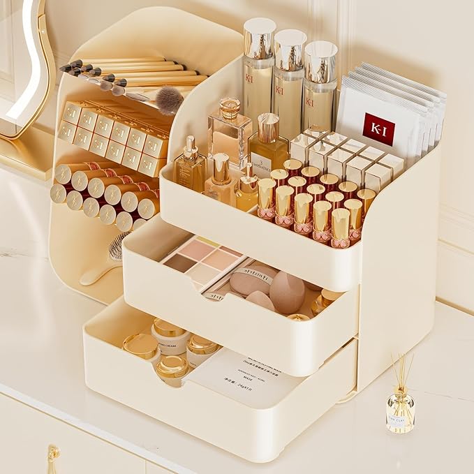Makeup Organizer for Vanity, Countertop Cosmetic Display Case with Drawer, Bathroom Counter Beauty Caddy, Comfyroom Table Storage Holder for Skincare, Brush Eyeliner Eyeshadow Lipsticks, Creem