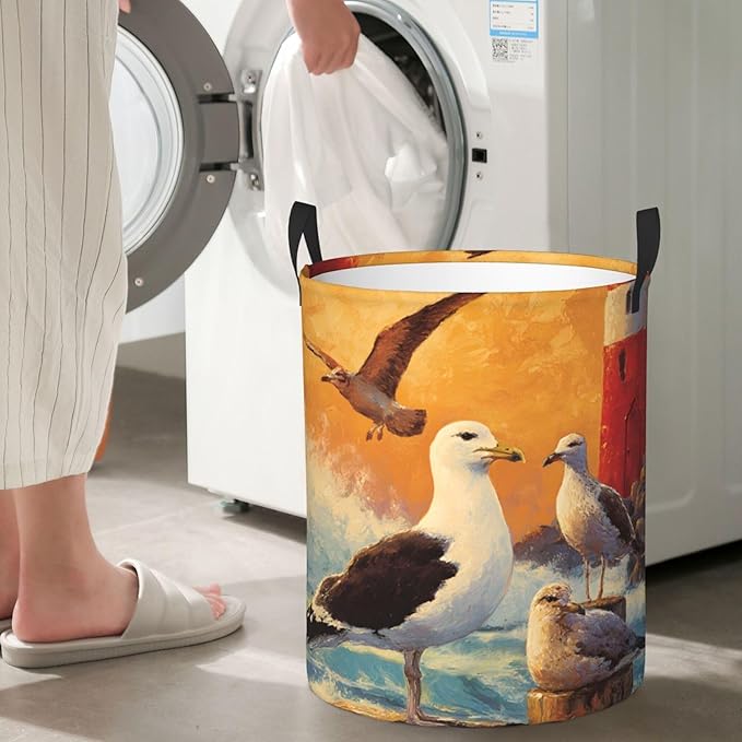 Seagull Ocean Laundry Hamper, Collapsible Storage Basket with Handles for Clothes, Bedroom, Bathroom 19.6 x15.7 Inch