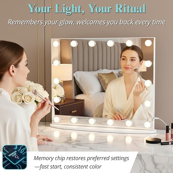LUXFURNI Vanity Mirror with Lights, 23.6" x 19.7" Hollywood Mirror Lighted Makeup Mirror with 4 Extra Bottom Bulbs, Desk & Wall Mountable, 3 Color Modes, USB Charging