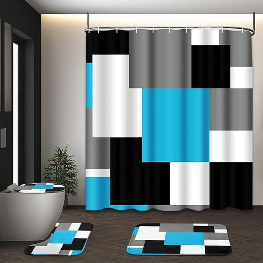 Blue Geometric Shower Curtain Set with Toilet Lid Cover and Non-Slip Rugs for Bathroom, Black White Grey Checkered 4 Pcs Shower Curtain, Modern Abstract Bathroom Set with 12 Hooks