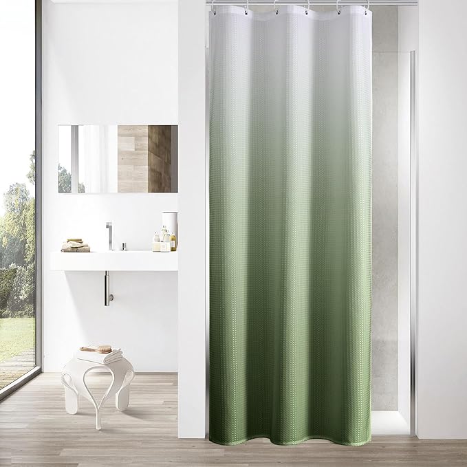 MitoVilla Sage Green Ombre Waffle Small Stall Shower Curtain 36 x 72, Half Size Fabric Narrow Shower Curtains for Bathroom Decor, 36 inch Weighted Shower Curtain Set with Plastic Hooks