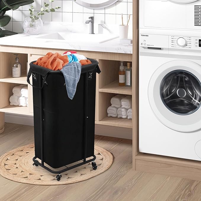 Longzhuo 47.55 Gal(180L) Laundry Basket with Wheels, Rolling Laundry Basket, Large Laundry Hamper, Metal Wheeled, for Hotel, Bedroom, Laundry Room Organization, Black