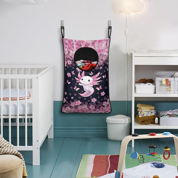 ZOUTAIRONG Pink Axolotl Cherry Blossoms Hanging Laundry Bags for Closet Laundry Basket Clothes Hamper Large Storage Organizer for Kids Bedroom, Bathroom Clothes Hampers