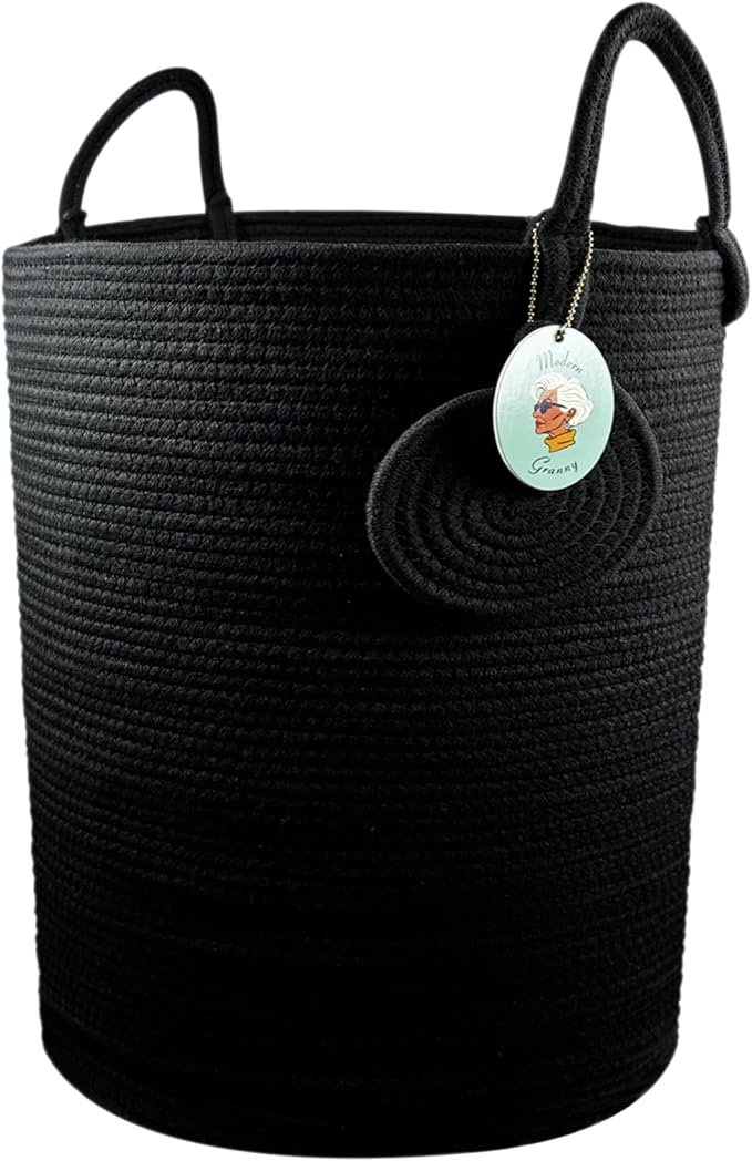 Modern Granny Extra Large Cotton Rope Laundry Hamper 16x22 Inch Dual Secure Woven Handle for Living Room Closet Clothes Blanket Organization
