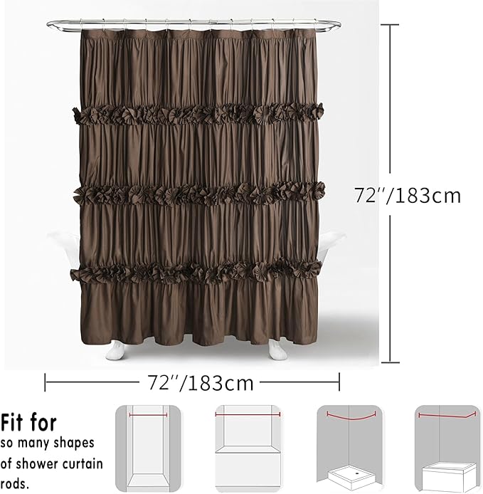 Chocolate Ruffle Shower Curtain, Vintage Handcrafted Bow Tie Bath Curtain for Master Bathroom, Ruched Microfiber Bathroom Curtain with 12 Buttonholes, 72" W x 72" H (LQ-10)