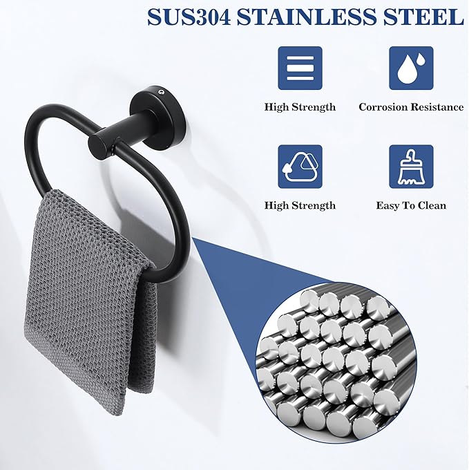 Alise Hand Towel Holder Towel Ring for Bathroom Lavatory,Towel Hanger Wall Mount SUS304 Stainless Steel Towel Rack,Black
