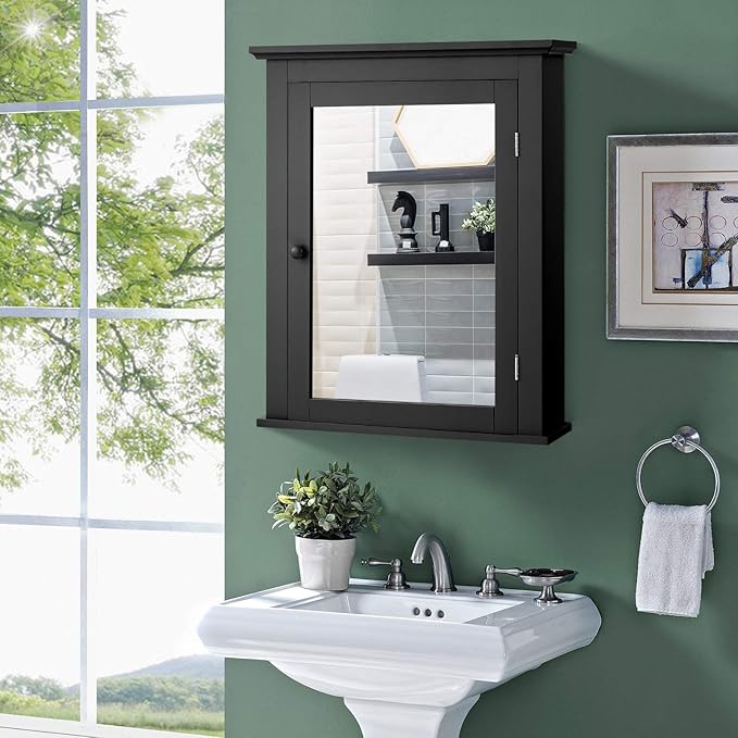 Tangkula Bathroom Cabinet with Mirror, Mirrored Wall-Mounted Storage Medicine Cabinet w/Single Door & Adjustable Shelf in 5 Positions, Multipurpose Wall Cabinet for Bathroom (Black)
