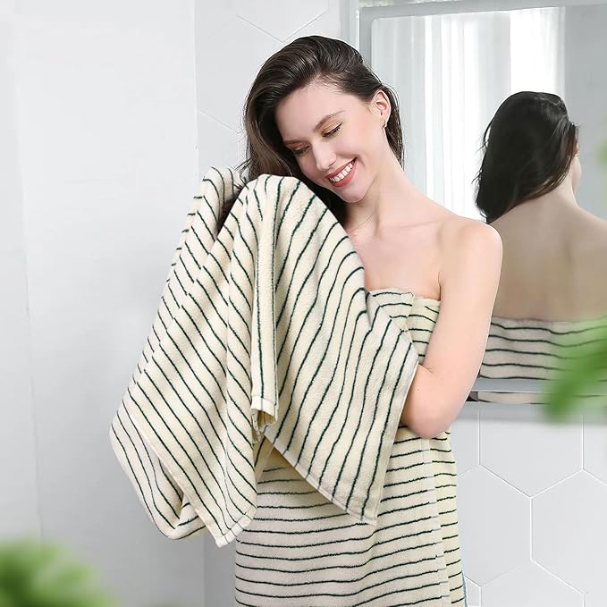 Jacquotha Green Striped Bath Towels Set of 2, Lighter & Quick Dry Towels Large 27.5 x 55 inches, Farmhouse for Bathroom Decor, Shower, Pool Days