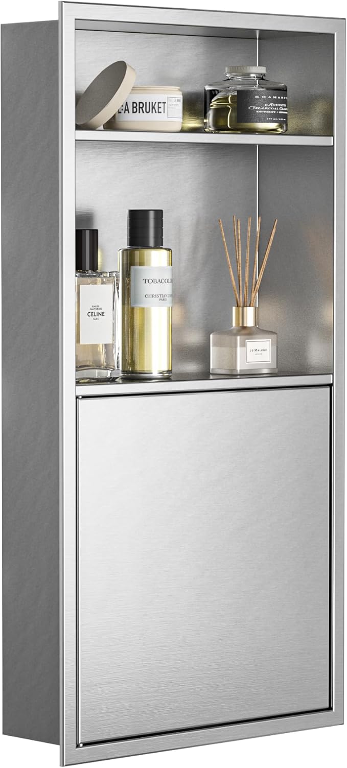 Recessed Medicine Cabinet with Door 24" X 12" Brushed Wall Medicine Cabinets with 3-Tier Shelf 304 Stainless Steel Niche Shower for Bathroom Storage