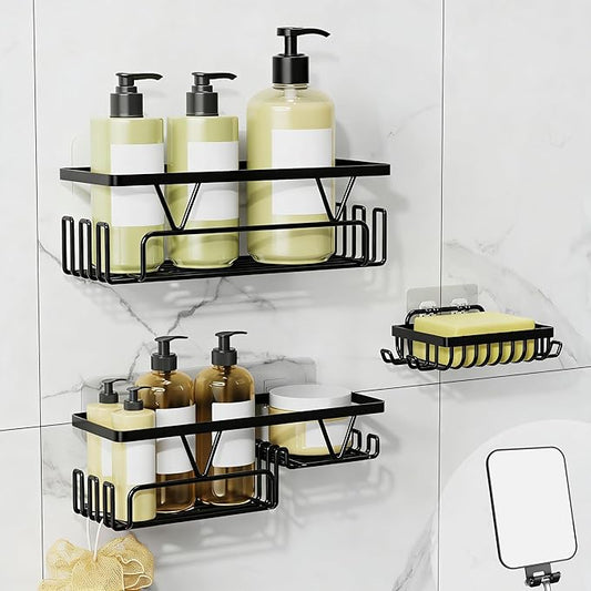 KEGII 4 Pack Adhesive Shower Caddy with Fogless Shower Mirror, Shower Organizer with Soap Holder, Razor Holder & Hooks, No-Drill Rustproof Bathroom Storgae Rack, Black