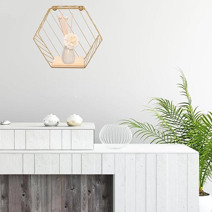 Luxshiny Wall Shelf with Hooks Gold Hexagonal Iron Rack Multi-Functional Decorative Storage Shelf for Bathroom Kitchen Living Room Wall Mounted Organizer